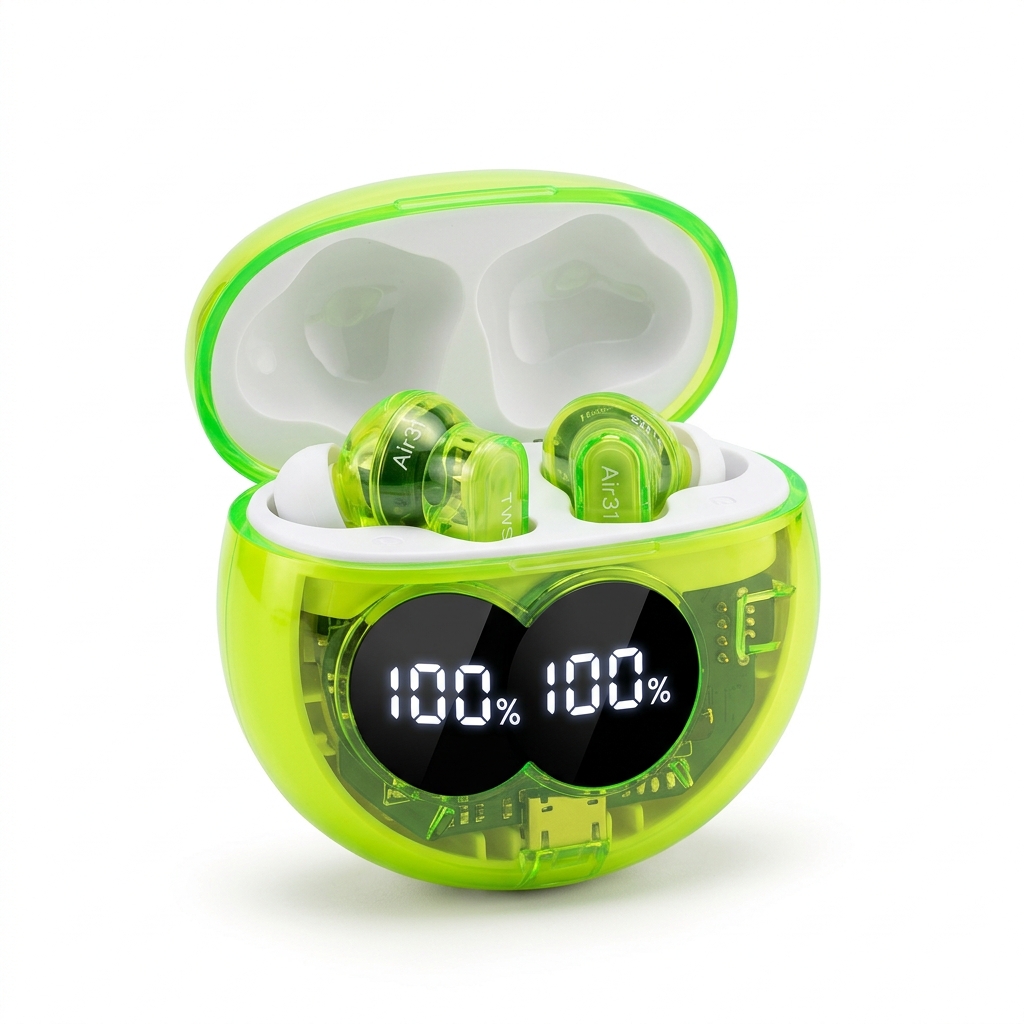 Air31 Crystal Transparent TWS Wireless Earbuds (LED Digital Battery Display)