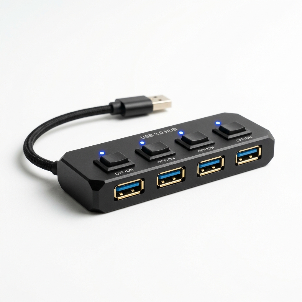 High-Speed 4-Port USB 3.0 Hub Splitter with Individual Power On/Off LED Switches
