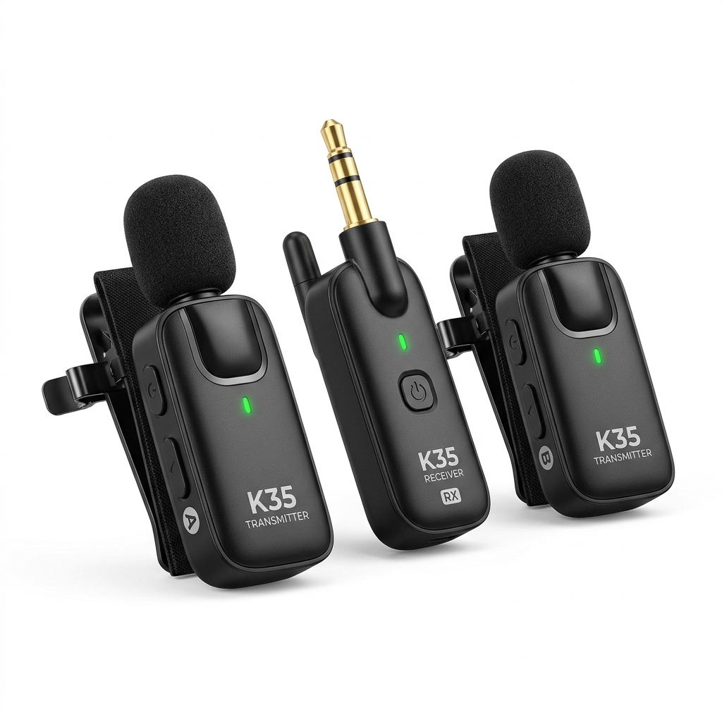 K35 Wireless Dual Microphone Kit (3.5mm Aux Receiver for DSLR, Speakers, Amplifiers & Cameras)