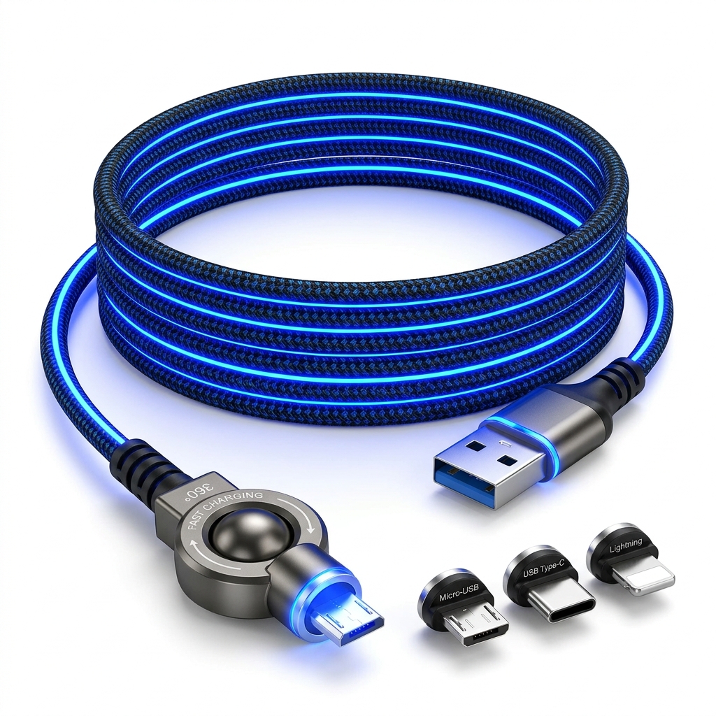 Magnetic 360° Flowing Glowing LED Fast Charging Cable (3-in-1 Type-C, iPhone & Micro-USB)