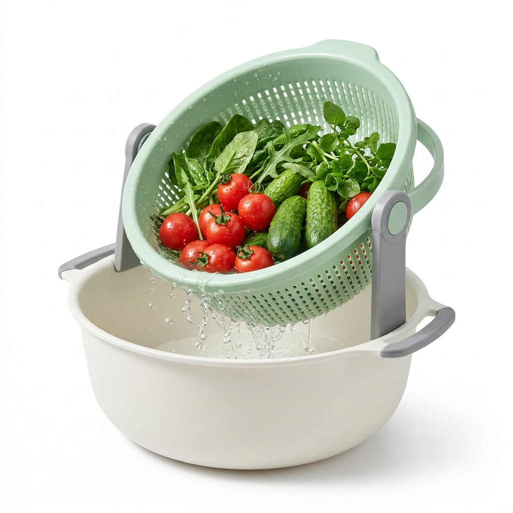 Double-Layer Rotating Colander & Vegetable Washing Drain Basket Basin Set