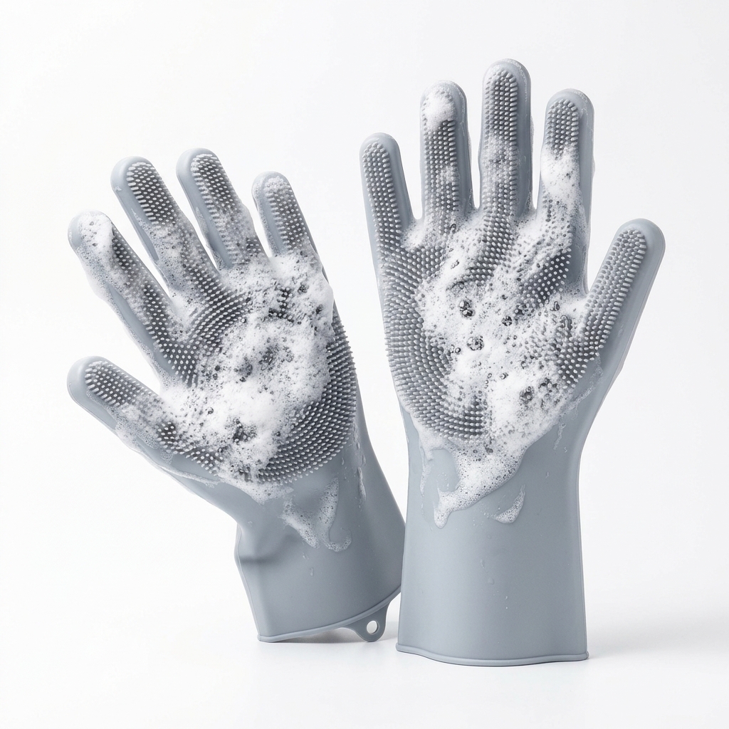 Magic Silicone Dishwashing & Cleaning Gloves with Built-In Palm Scrubbing Bristles